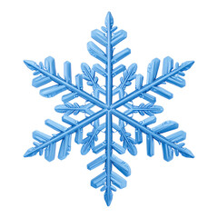 A detailed, six-pointed ice crystal with sharp edges, shaded blue, isolated on a black backdrop