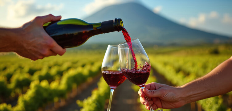 Red wine pours from bottle into two wine glasses amid Sicilys vineyards with Mount Etna volcano backdrop. Wine tasting experience with beverage liquid refreshment outdoors.