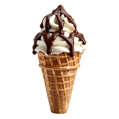 Vanilla soft-serve ice cream cone, drizzled with chocolate sauce, on a waffle cone