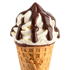 Swirled creamy ice cream dessert in a waffle cone with chocolate topping, close-up shot