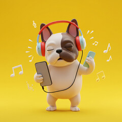 Stylized 3D Realism: Adorable Dog Enjoying Music with Headphones and Smartphone