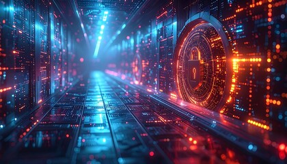 A futuristic tunnel with glowing data streams and security-themed elements. Digital circuitry and light trails evoke high-tech