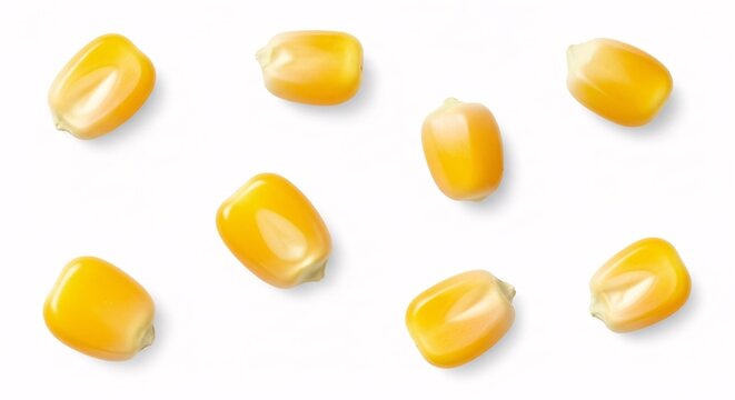 Top view of raw corn kernels for making popcorn, macro photo isolated on a white background.