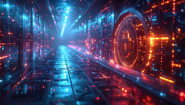 A futuristic tunnel with glowing data streams and security-themed elements. Digital circuitry and light trails evoke high-tech