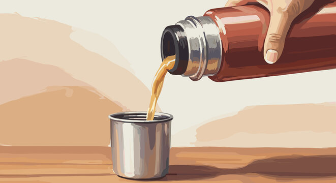 Hand pouring tea from thermos into stainless steel cup  