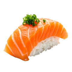 Close-up of nigiri sushi salmon over rice, topped with green onions, black background