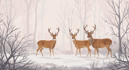 Three deer standing in snowy forest during winter season  