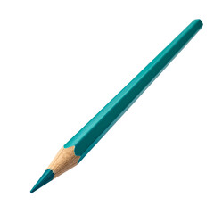 Teal pencil, sharpened, on a black background. Wooden core exposed at tip