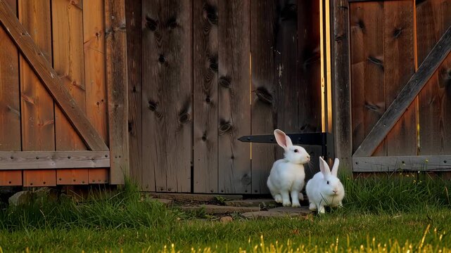 Two white rabbits standing near wooden shed door on green grass in yard small animals exploring outdoors during daytime pets resting by rustic wooden fence and gate wildlife scene in natural farm