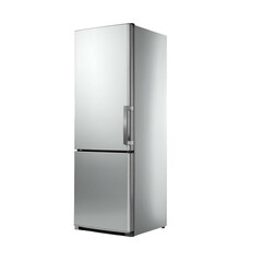 Metallic, two-door refrigerator with a handle, set against a black background, 3/4 perspective