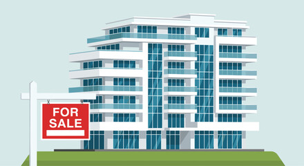 Modern condominium building with a for sale sign, representing prime real estate opportunities and the vibrant housing market for luxury urban living