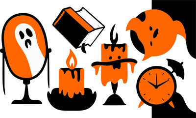 Halloween pumpkin icon set with spooky bats ghosts cats witches hats and autumn symbols in orange and black colors