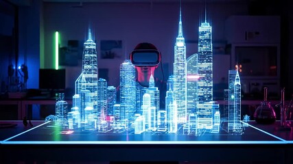 Person in VR headset futuristically interacting with a holographic city model in a dark lab