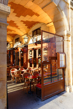 Paris, France-September 28 , 2025 : The French traditional restaurant Ma Bourgogne located on Place des Vosges in Le Marais quarter, Paris, France.