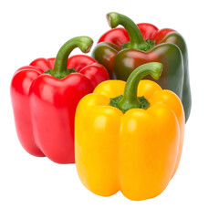 Vibrant close-up of three colorful bell peppers, against a dark backdrop