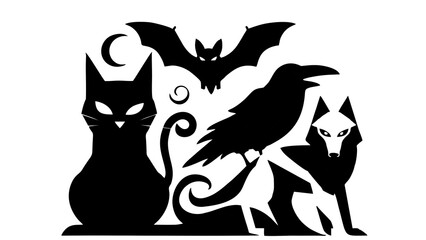 Silhouettes of a wolf fox and cat in black vector cartoon style halloween