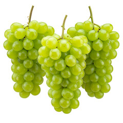 Three vibrant green grape bunches, tightly clustered with stems, against a black background