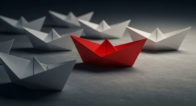Standout leadership: a red paper boat among white boats symbolizing individuality and leadership