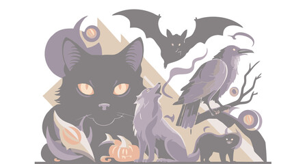 Funny Halloween Monsters Cartoon Bat and Cute Black Cat Silhouettes Vector Illustration