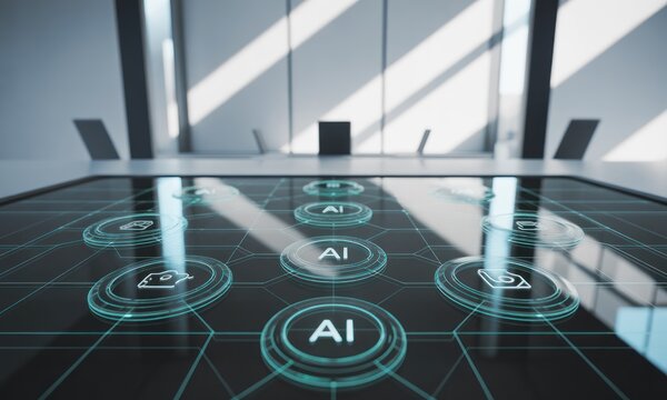 Futuristic office scene focusing on an interactive table surface with AI elements