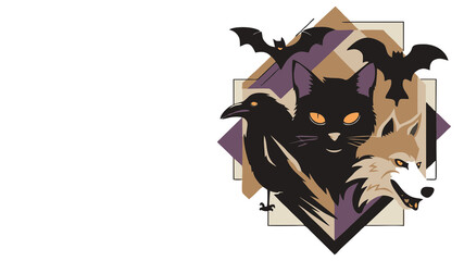 Halloween cartoon bat and cat under moonlight vector illustration