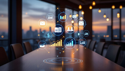 Digital marketing concept with glowing icons representing data analysis, communication, and finance, displayed on a wooden table in a modern office with city skyline at sunset	