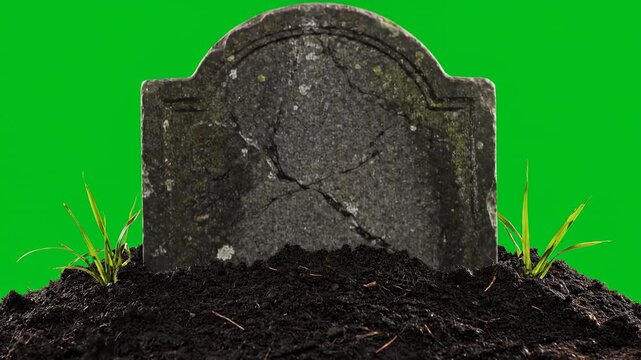 An ancient, weathered gravestone slowly rises from the earth, isolated on a green screen rises, chroma key, historical