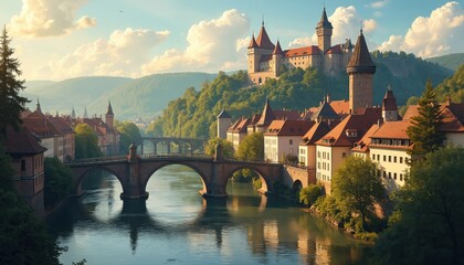 Fototapeta premium Historic German town with river, arched stone bridge spans. Medieval castle stands on green hill above old European buildings. Sunny day, blue sky with white clouds. Popular touristic destination