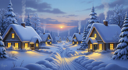 Snow-covered village houses at sunset in winter landscape  