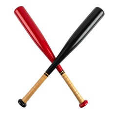 Two baseball bats, one red, one black, crossed against a transparent background