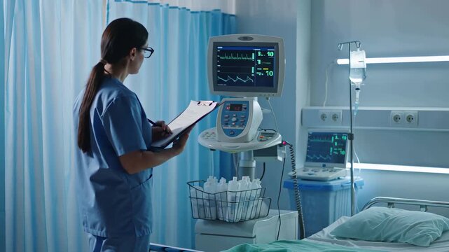 Iot healthcare IoMT healthtech Inpatient care Iv hydration scientists Cynerio EZCare nobl Onerecord Nurse checking heart monitor next to hospital bed with medical devices in room patient setting envi