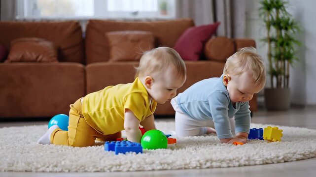 Two babies playing with colorful toys on carpet in living room crawling and lying down interacting together and exploring objects indoor child play casual home environment cozy furniture backgro