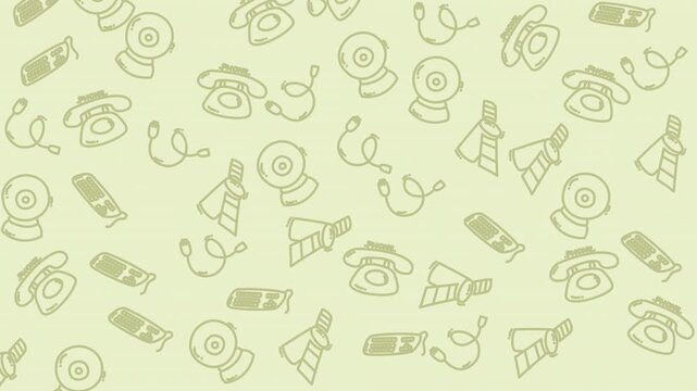 Seamless pattern of flat party icon illustrations with party hats, megaphones, and confetti on light green background, graphic design, top view
