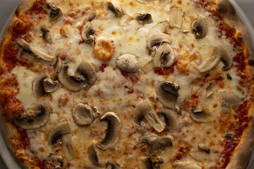 Pizza with mushrooms served as a meal, showing baked toppings with cheese and tomato sauce, reflecting Italian cuisine.