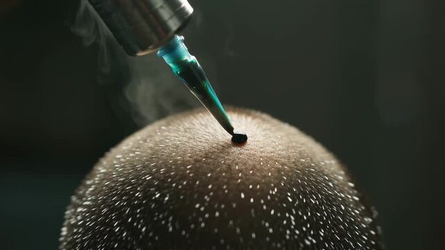 Scalp micropigmentation subq Numbing cream spray Exosomes for hair growth Cryofacial Painless tattoo MDhair Inkbox Sugaring NYC machine needle working on shaved skin head tattooing process with dark 