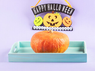Happy halloween party ornament with pumpkins on purple background