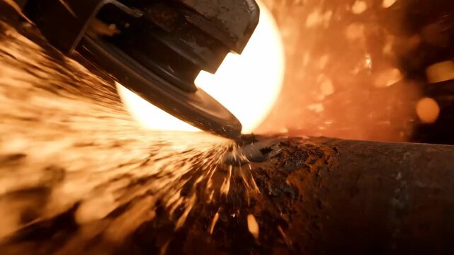 Grinding metal with sparks, industrial tool cutting rusty material.
