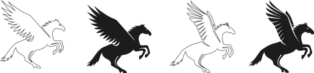 Silhouette and outline illustration of flying Pegasus horse in dynamic motion. Elegant mythical winged creature design ideal for logos, tattoos, or fantasy art. Perfect for creative and vector project