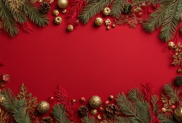 Festive Greenery and Golden Ornaments Create a Warm Holiday Scene on Red Background