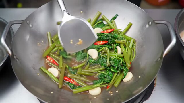 Stir-frying spicy greens with garlic in a kitchen wok for a culinary blog post