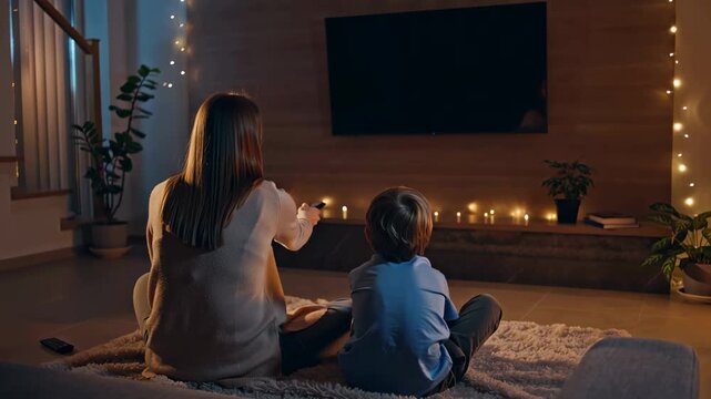 mecool Ott video platform Woled smarttube BLUETOOTH lamp gosund Vflix lepro Laxihub Woman and child sitting on carpet watching tv in cozy living room with candles plants family relaxing at home eveni