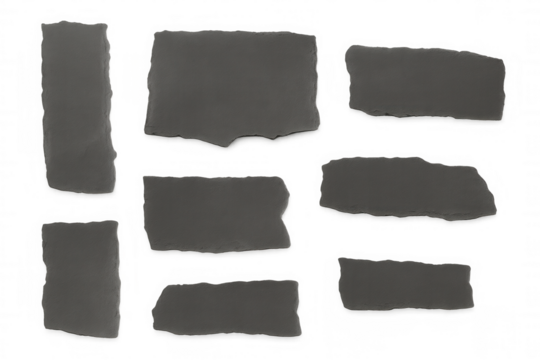 Torn dark gray paper pieces and scraps set, grunge texture elements, isolated on transparent background