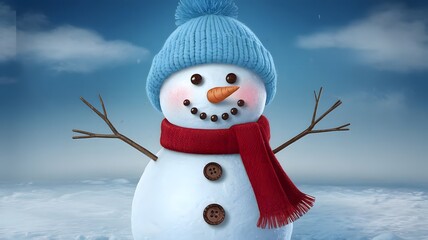 Smiling Snowman Wearing a Blue Hat and Red Scarf in a Winter Wonderland Scene