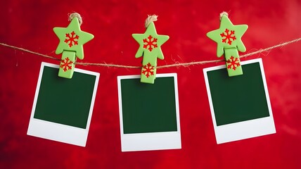 Christmas Memory Display Festive Polaroids Hung with Star-Shaped Clips on Red Background