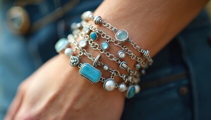 Woman wears stack of silver bracelets on wrist. Multiple chains feature diverse charms, blue stones, white pearls. Fashionable jewelry shows elegant accessory, expressing individual style. Design