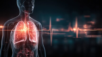 Detailed illustration of human lungs and heart .Holographic concept of lung cancer display ,lung disease, treatment of lung cancer, lung illness such as pneumonia, viral infections or cancer