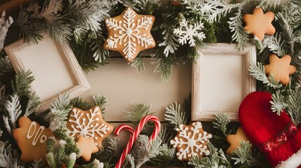 Festive Christmas Frame with Gingerbread Cookies and Holiday Decor