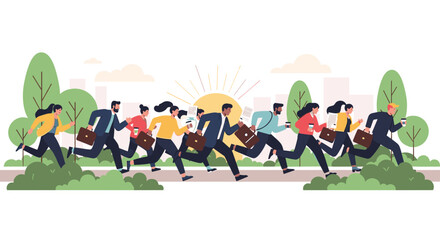 Dynamic team racing to success with briefcases and coffee in hand against a vibrant cityscape backdrop, symbolizing ambition and energetic teamwork