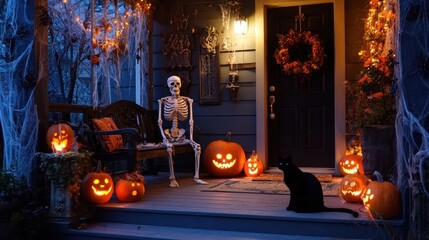 Fototapeta premium Halloween porch scene with glowing pumpkins, skeleton, and black cat