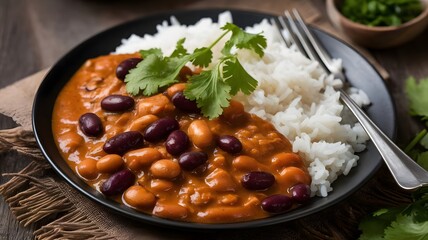 Delicious and Nutritious Bowl of Red Beans and Rice, Garnished with Fresh Cilantro